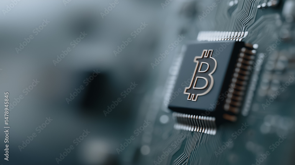 Poster bitcoin chip: a close-up shot of a computer chip with a bitcoin symbol, representing the digital cur