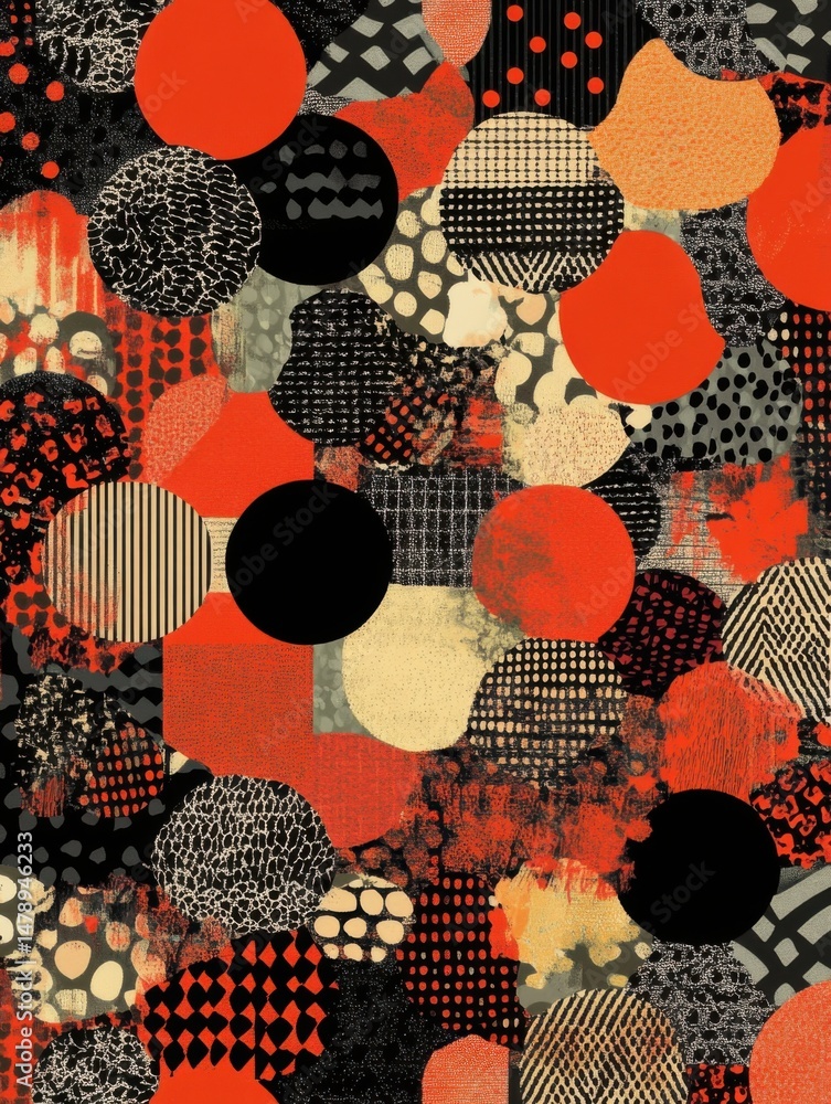 Poster abstract composition of circles and patterns in red black and beige artistic design full frame