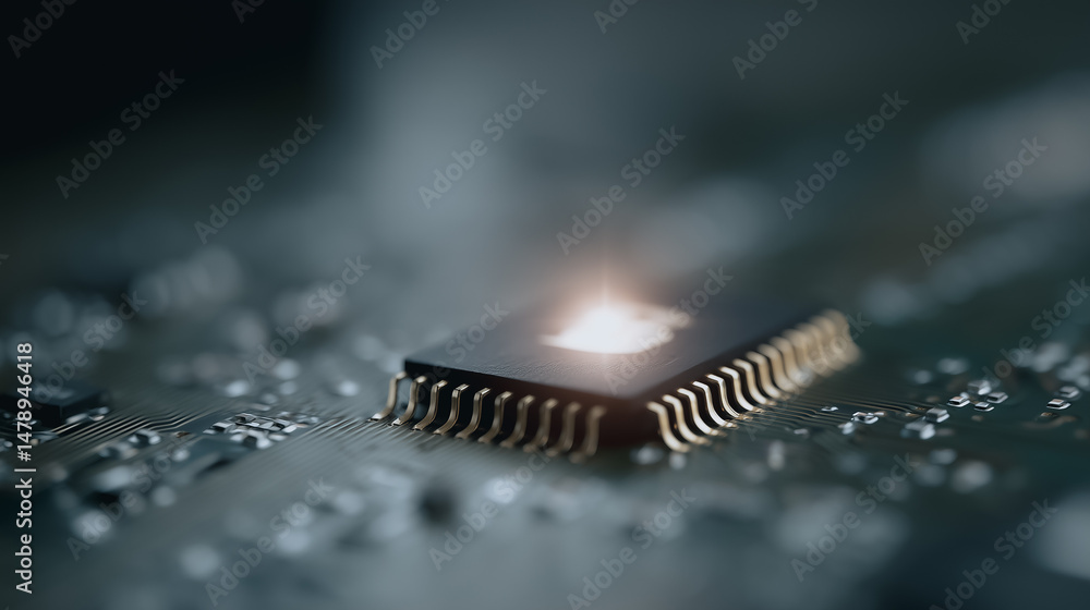 Poster silicon chip: an eye-level macro shot showcases a detailed, sophisticated silicon chip at the heart 