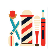 A stylized, flat design illustration of various barber shop tools.