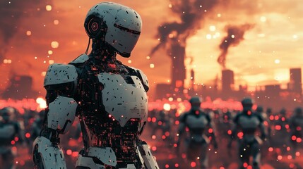 Fototapeta premium Robotic army stands amidst burning city at sunset.