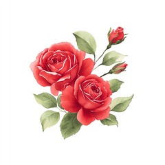 Fototapeta premium Elegant Watercolor Roses A Delicate Bouquet of Crimson Blooms, Vivid Petals, and Lush Green Foliage Against a Pure White Background.