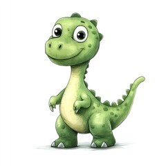 Fototapeta premium Adorable baby dinosaur illustration, cheerful and friendly, standing on a white background. Watercolor style.