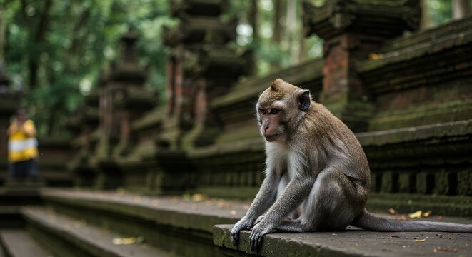 Sad Monkey Resting Quietly in Ubud Forest Temple - Powered by Adobe