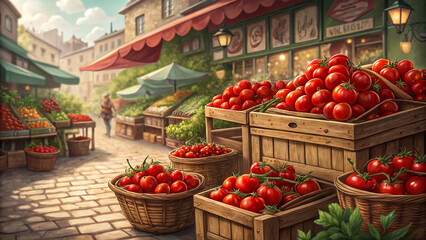 Basket of Fresh Tomatoes on Table with Green Background Vibrant Vegetable Scene