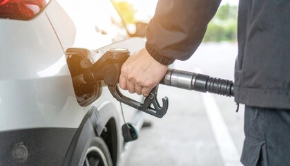 Obraz premium Person Refueling a Car at a Gas Station Close up of Hand Holding Fuel Nozzle