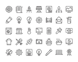 Hand drawn style line art icons representing creative design stages