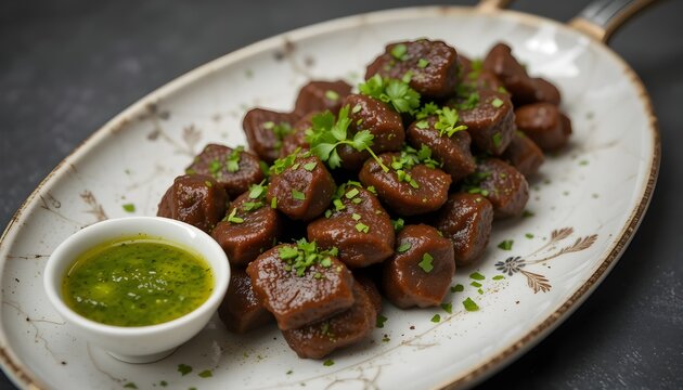 Grilled Kaleji or Liver Skewers with Green Herb Sauce on White Oval Plate, Middle Eastern or South Asian Cuisine, Organ Meat Delicacy, Restaurant Presentation