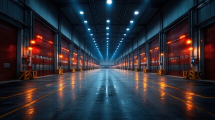 Fototapeta premium Industrial Warehouse Interior: Night Lights and Red Doors