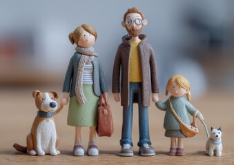 Clay family figurines with two dogs on a wooden surface.