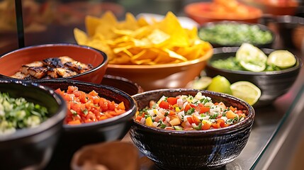 Assorted Fresh Salsas and Chips on Display