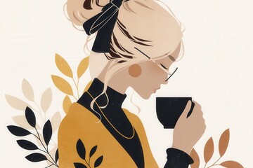 Woman enjoying a warm drink, autumnal aesthetic