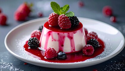 berry pudding with cream in plate at photo studio