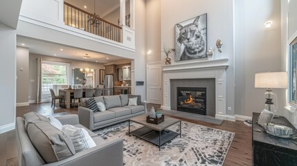 A spacious living room with a fireplace, two sofas, a coffee table, and a rug
