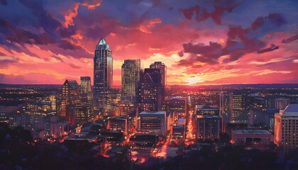 Fototapeta premium Vibrant city skyline at sunset, illuminated by warm hues.