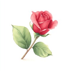 Fototapeta premium A Delicate Watercolor Rose, Softly Painted, with Lush Green Leaves Against a Pristine White Background