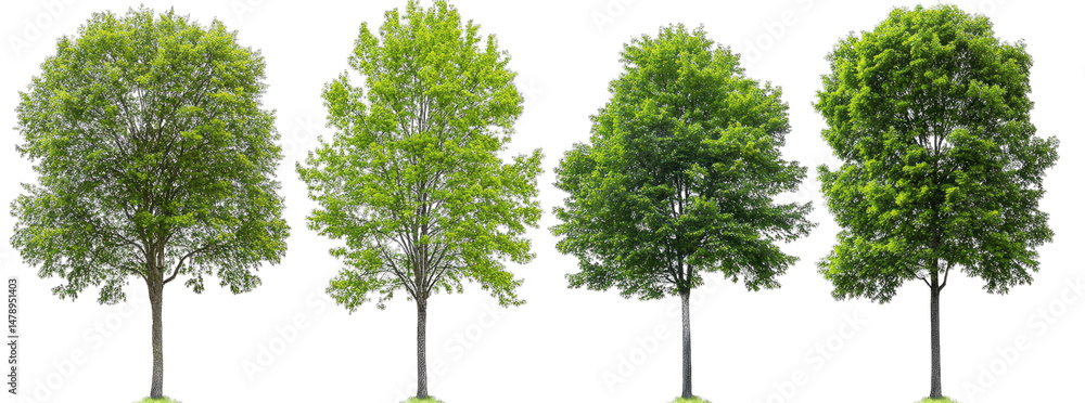 Poster four lush green trees with visible trunks isolated against a transparent background they are arrange