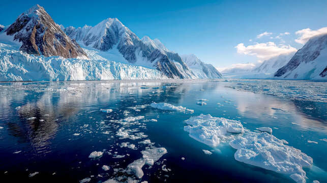 Majestic Glacier and Snow-Covered Mountains Reflecting on Arctic Ocean Surface