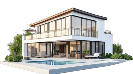 Fototapeta premium Modern Two-story House With Swimming Pool And Large Windows Set Against A Transparent Background The Home Has A Contemporary Design With A Flat Roof A Large Balcony And A Spacious Patio The Pool Is Su