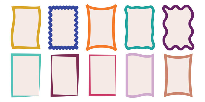 Playful Doodle Frame Border Vector Set. Colorful Wavy Rectangle Shapes. Fun Cartoon Wiggly Picture Frames. Groovy 60s Inspired Text Frame Collection
