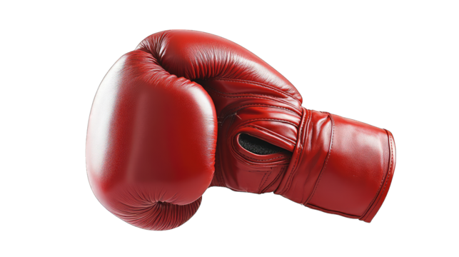 A Single Red Boxing Glove Isolated On A Transparent Background The Glove Is Worn And Has Some Scuff Marks Suggesting It Has Been Used In Many Matches