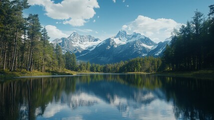 Mountain lake serene, reflecting peaks
