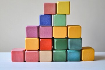 Colorful Wooden Blocks Stacked in Pyramid Formation Child Development Education Toys Playtime Close Up Studio Shot