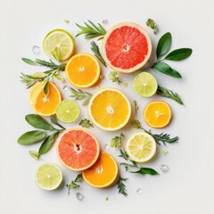 Fresh citrus fruits and herbs arranged artistically on a light background during the day