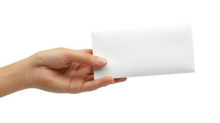 A female hand is holding a blank envelope, showing a message or letter for communication with copy space isolated on PNG background.