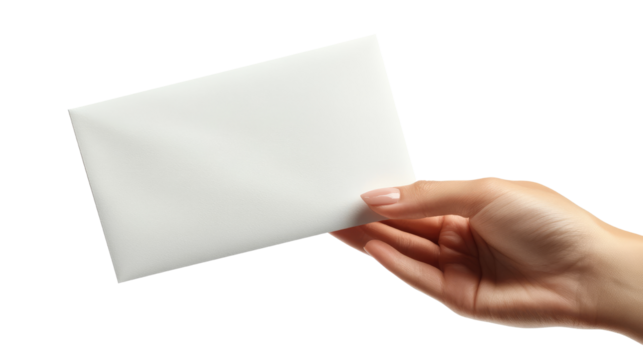 A female hand is holding a blank envelope, showing a message or letter for communication with copy space isolated on PNG background. - Powered by Adobe