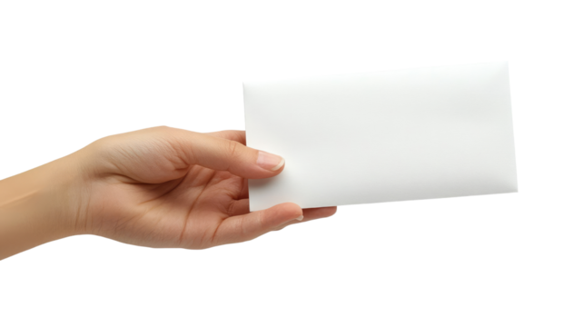 A female hand is holding a blank envelope, showing a message or letter for communication with copy space isolated on PNG background.