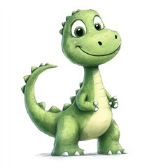 Fototapeta premium A Friendly Green Dinosaur Smiles Sweetly, Standing Against a White Background. Its posture is calm and inviting, evoking a sense of childlike wonder and joy.