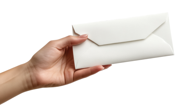 A female hand is holding a blank envelope, showing a message or letter for communication with copy space isolated on PNG background.
