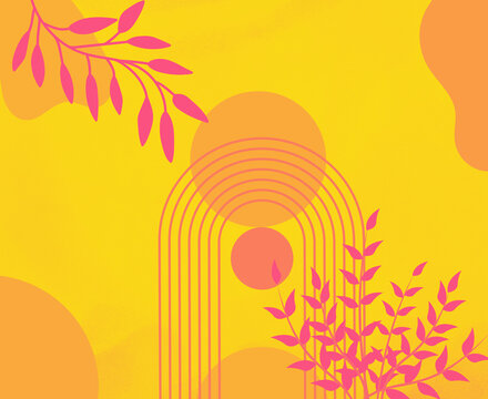 Seamless geometric and botanical pattern with leafage, arches and circles  in shades of fuchsia on a vivid yellow background colour