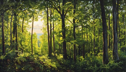 Obraz premium Lush forest canopy bathed in golden sunlight.