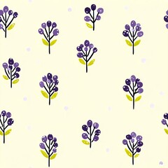 Fototapeta premium Elegant Seamless Floral Pattern Delicate Purple Berries and Yellow Leaves on a Pale Yellow Background
