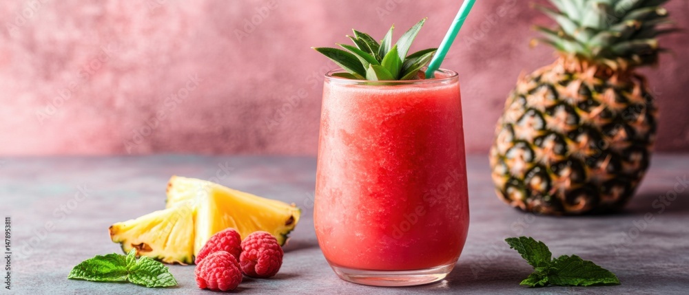 Poster refreshing pineapple raspberry smoothie in glass with straw and garnish close up studio shot on pink