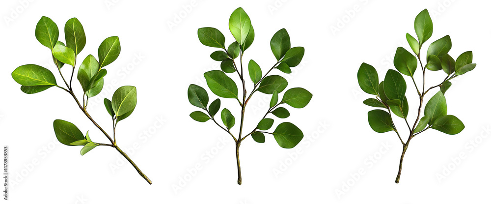 Poster three sprigs of green leaves isolated on a transparent background the leaves are all different shape
