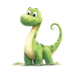 Fototapeta premium A cheerful green dinosaur smiles, its long neck curved elegantly, standing on a patch of grass against a stark white background.