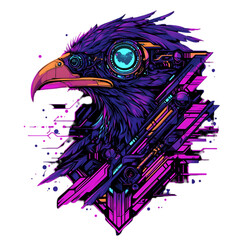 Futuristic cybernetic raven design digital art urban environment high-contrast colors tech concept