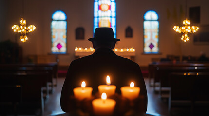 a rabbi leads a Havdalah ceremony in a small synagogue with his community, the typical Havdalah garland candles burn brightly in the center of the room, Ai generated images