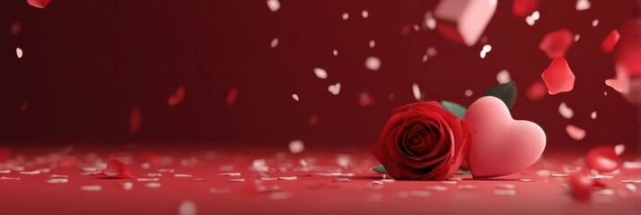 Romantic arrangement of rose and heart-shaped candy on a festive red background with falling petals and confetti