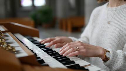 Obraz premium A person is playing an organ keyboard indoors, wearing a light sweater and a wristwatch, with soft natural light in the background.