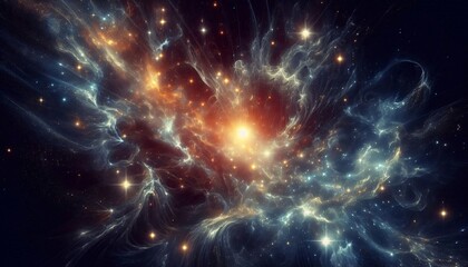 Obraz premium Cosmic Tapestry: A swirling nebula in the depths of space, a vibrant cosmic tapestry of celestial dust, gas, and stars. It’s a luminous and enigmatic scene of the universe.