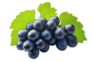 Fototapeta premium A Bunch Of Ripe Dark Purple Grapes With Green Leaves Isolated On A Transparent Background