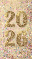 New Year celebration 2026 with sparkling gold numbers and colorful confetti background