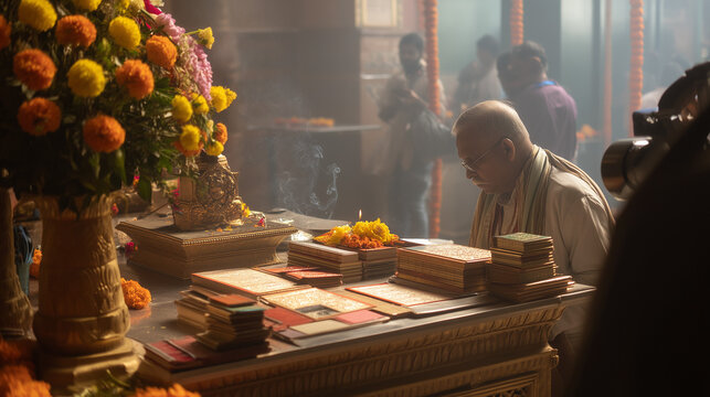 a pandit is offering puja to the deity by offering flowers and incense in front of the holy scriptures on the occasion of Vyas Purnima, Ai generated images