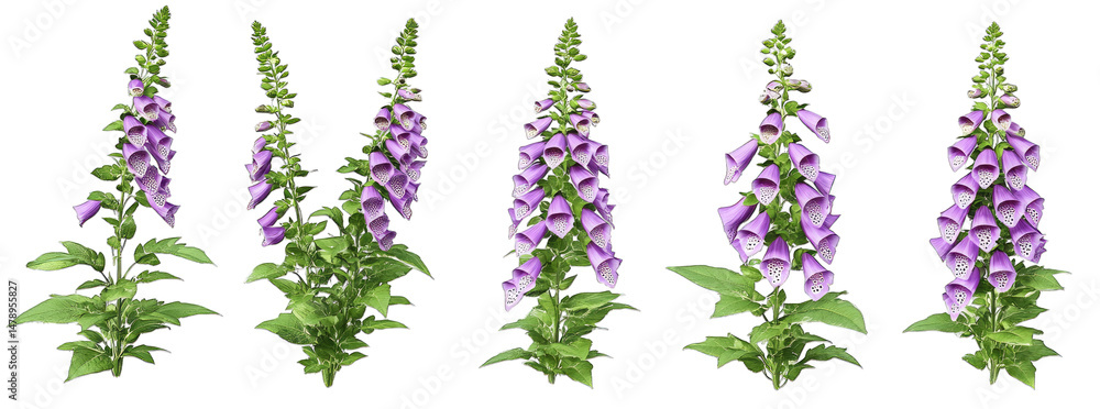 Poster a collection of five purple foxglove flowers isolated on a transparent background the flowers are in