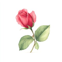 Obraz premium Watercolor Rosebud Delicate Pink Petals and Lush Green Leaves Against a Pristine White Background