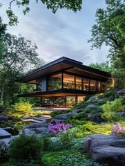 A minimalist-style house with a flat roof, large glass windows, and sleek lines, surrounded by nature.